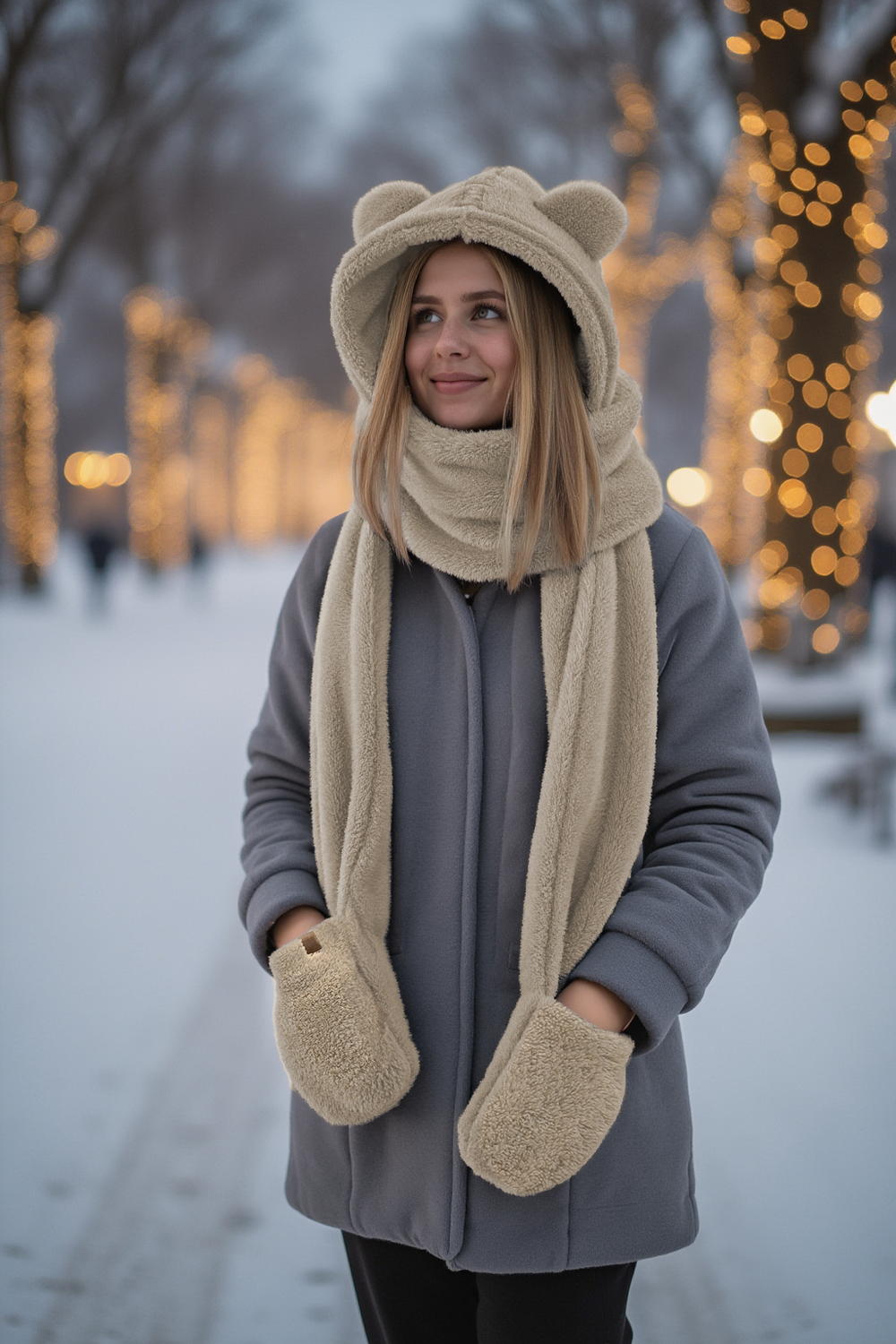 Vivisence Femme Capuche Écharpe Hiver Avec Moufles Oreilles Mignon Douillet, beige