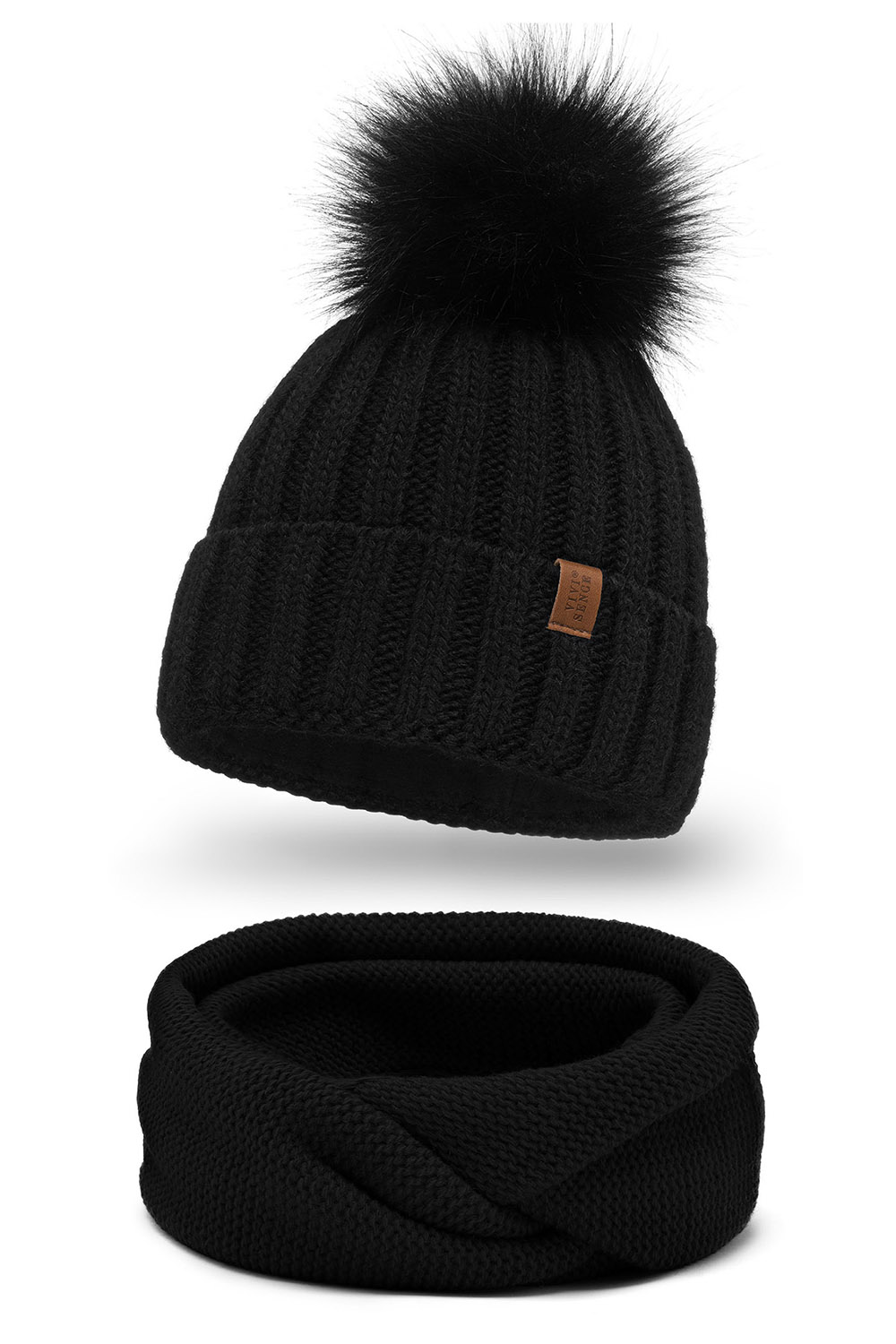 Vivisence Elegant Women’s Winter Hat and Snood Scarf Set with Pom-Pom Made from Warm Thick Yarn Anti-Static Cozy Fleece Lining Versatile Scarf Perfect for Cold Weather, Black