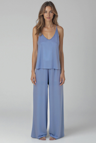 Vivisence Women's Pyjama Set Viscose Wide Leg Pants V-Neck Shirt 2046, azure