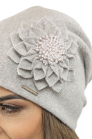 Vivisence Damen Mütze Wolle Blumenapplikation Falten Antistatisch Elegant 7052, hellgrau