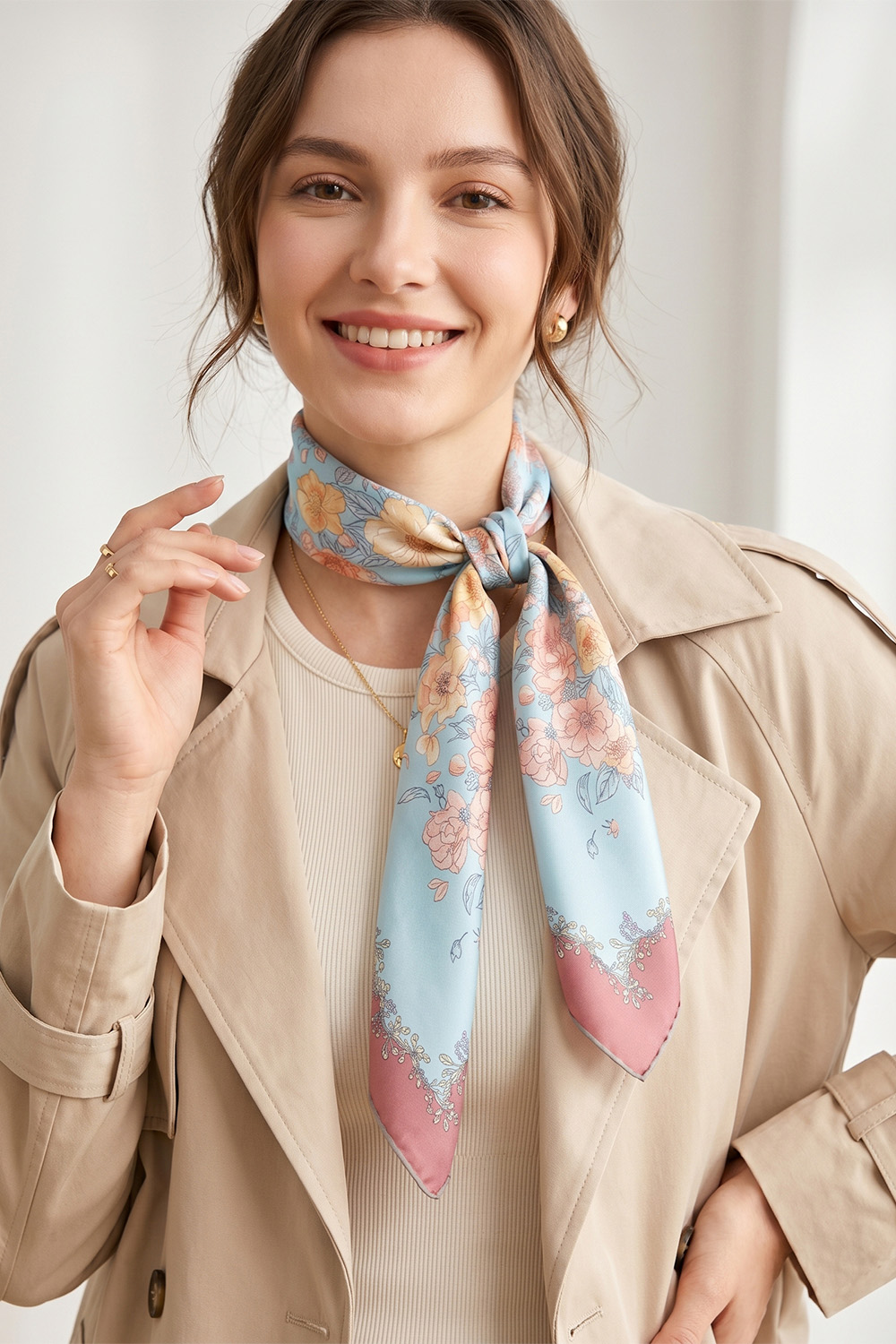 Vivisence Damen Seidentuch Handgerollte Kanten Quadratisch Vielseitig Sanft, hellblau/rosa