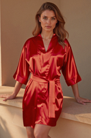 Vivisence Women Satin Robe V Neck Three Quarter Sleeve Tie Waist Short Gift, Red