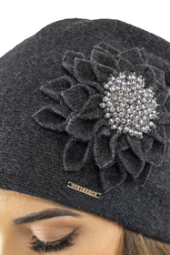 Vivisence Damen Mütze Wolle Blumenapplikation Falten Antistatisch Elegant 7052, dunkelgrau