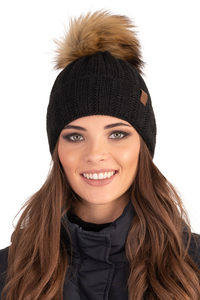 Vivisence Damen Bommelmütze Winter Fleecefutter Kunstpelzbommel Strickmützen 7019, schwarz