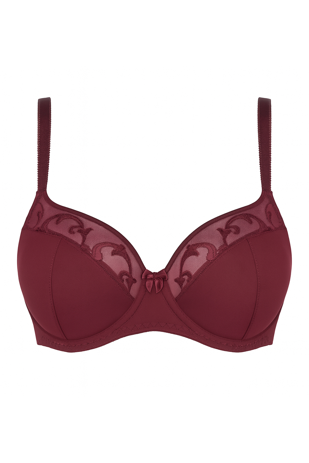 Vivisence Women's Demi Padded Bra Embroidered Mesh Microfibre Underwired Side Boning Adjustable Straps, burgundy