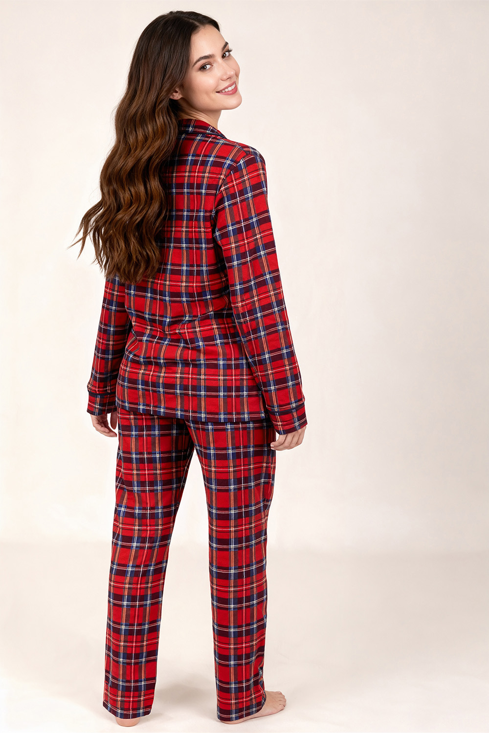 Vivisence Femme Pyjama Deux Pièces Coton À Carreaux Boutonné Confort Doux, rouge