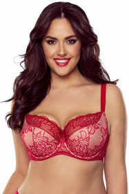 Vivisence Underwired Bra Lace Semi Padded Bra Half-Padded Cups Floral Lace Details Adjustable Straps Side Seam Boning Perfect for Elegant Gift, red