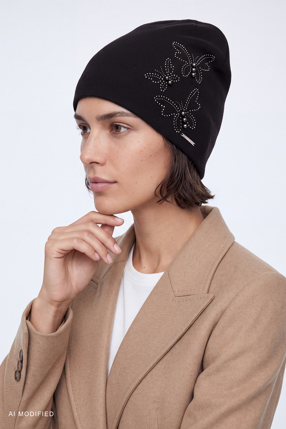 Vivisence bonnet long femme laine viscose élégant strass perles, noir