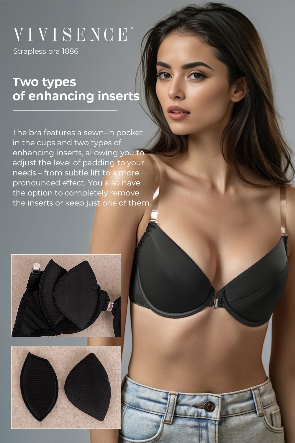 Vivisence Damen Push Up BH Rueckenfrei Mit Silikonband Abnehmbaren Traegern Komfortabler Halt Fuer Abendkleider Und Offene Ruecken, Schwarz
