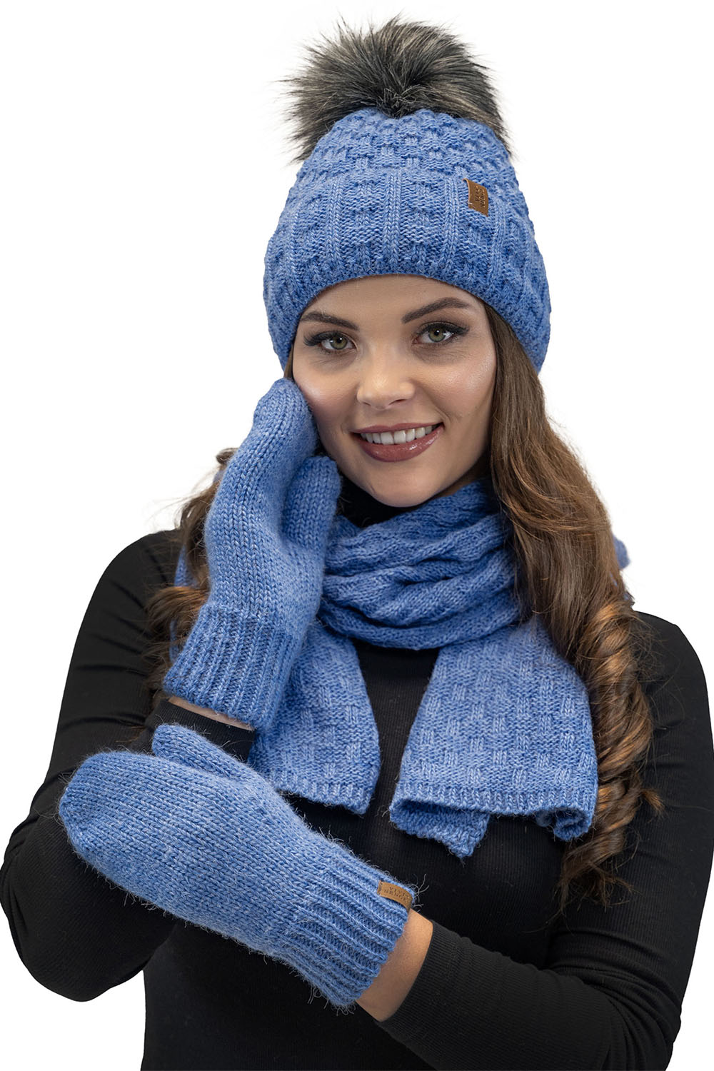 Vivisence Damen Winter Set Mütze Schal Fäustlinge Fleecefutter Gegen Kälte, jeans