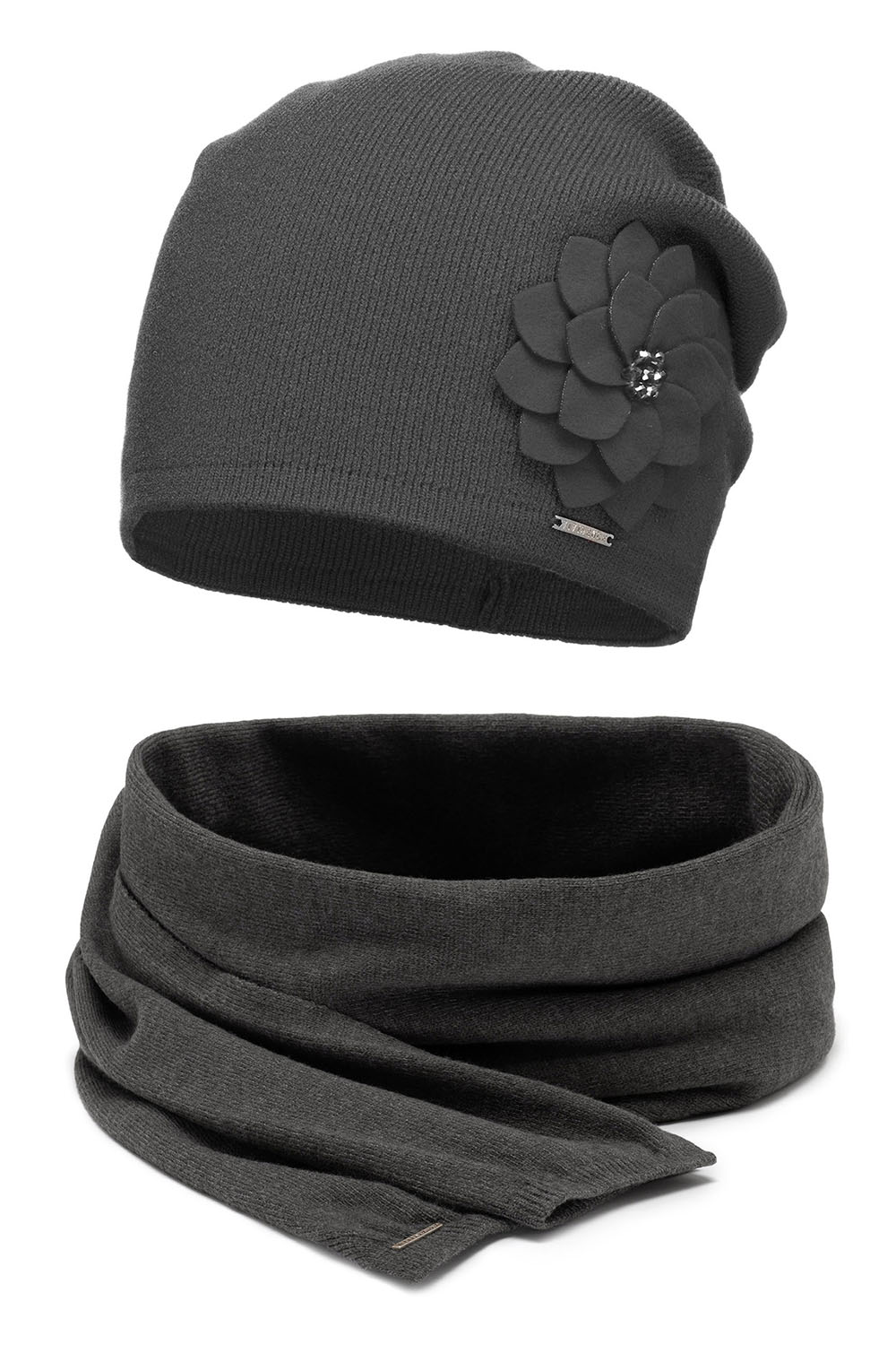 Vivisence Stylish Winter Set For Women Classic Hat And Scarf Made Of Warm And Soft Fabric With Wool Blend With Floral Decoration Perfect For Cold Winter And Autumn Days, dark grey