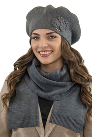 Vivisence Elegant Women's Beret With Flower Warm Autumn Winter Accessory 7006, dark grey