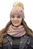 Vivisence Women's Pom Pom Hat Fleece Lined Faux Fur Pom Knitted 7019, light pink