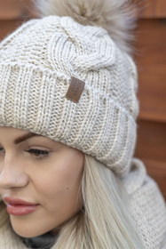 Vivisence Stylish Women's Winter Set Including Pompom Hat And Cozy Snood Scarf Made From Soft And Warm Fabric Smooth Fleece Lining Ideal For Cold Days, light beige