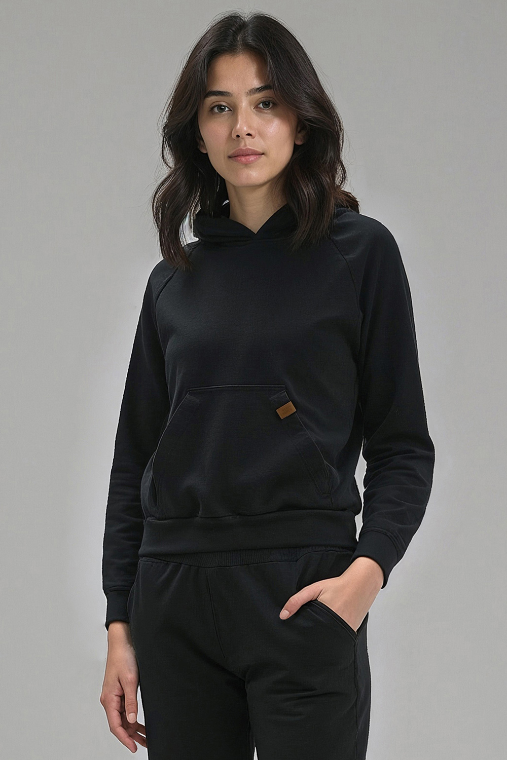Vivisence Women Hoodie Sweatshirt Cotton Hood Pocket Casual Sportswear, black