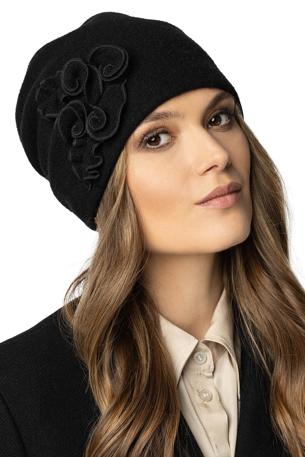 Vivisence Bonnet Femme Élégant En Laine Vierge Brodé Main Pour L’Hiver 7076, noir