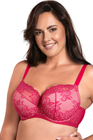 Vivisence Underwired Bra Lace Semi Padded Bra Half-Padded Cups Floral Lace Details Adjustable Straps Side Seam Boning Perfect for Elegant Gift, fuchsia