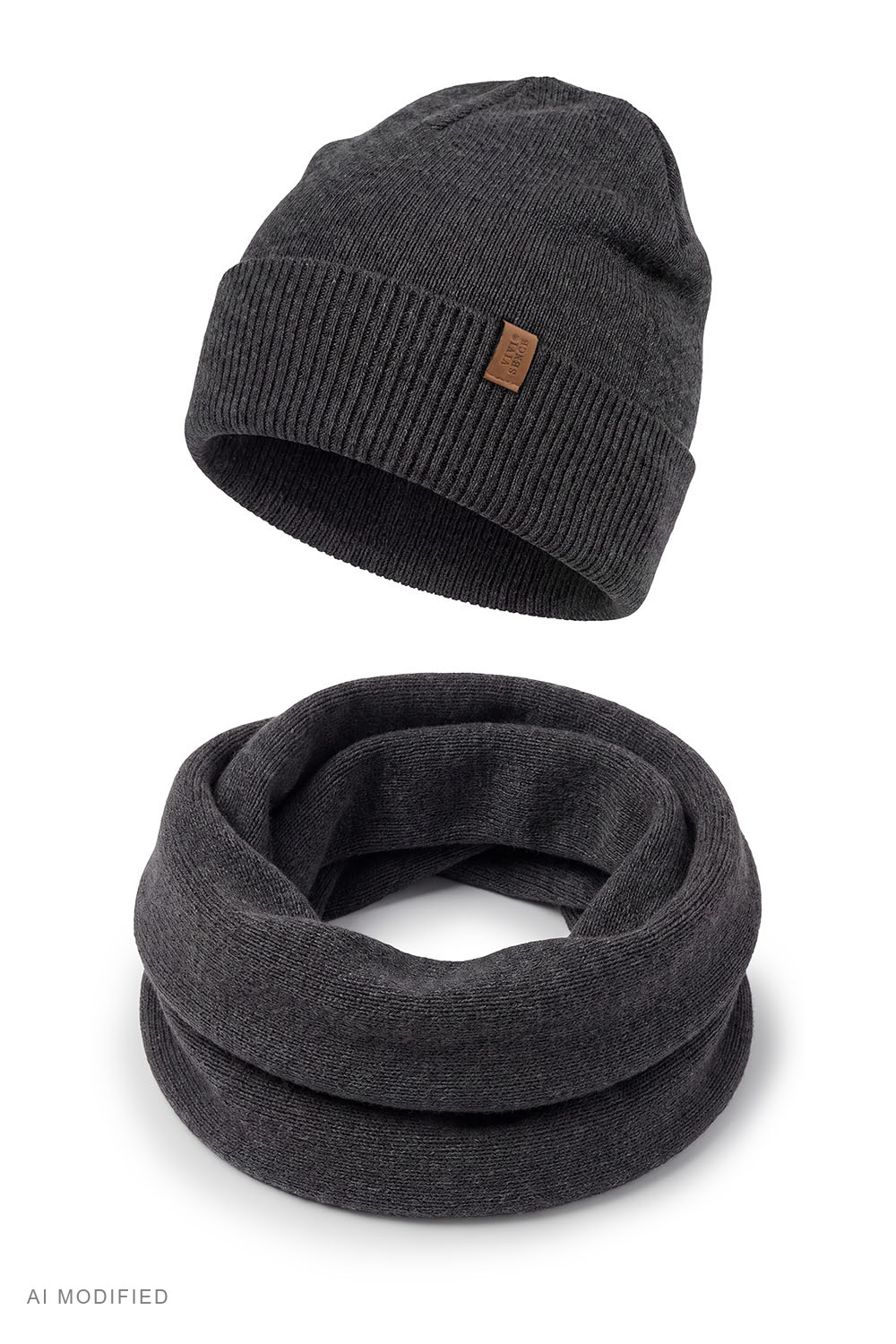 Vivisence Men's Winter Set Merino Wool Hat and Loop Scarf, graphite