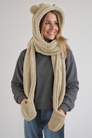 Vivisence Women Winter Hood Scarf With Mittens Soft Polyester Cozy Warmth, beige