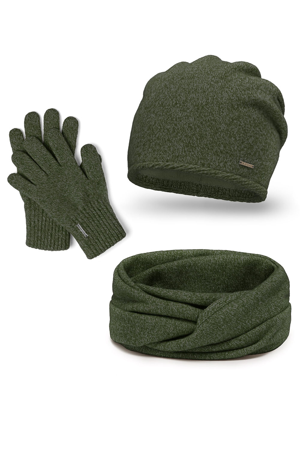 Vivisence Winter Damen Set Aus Wolle Mit Mütze, Schal Und Handschuhen Hergestellt Aus Weich Und Warm Garn Mit Melange-Muster Ideal Für Kalte Wintertage, grüne Melange