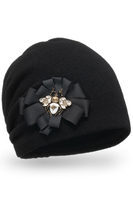 Vivisence Elegant Women's Winter Hat Made From Soft And Warm Wool Hand-Embroidered And Grosgrain Ribbons Perfect Fit Elastic Band Warm Fleece Lining For Cold Winter And Autumn Days, Black