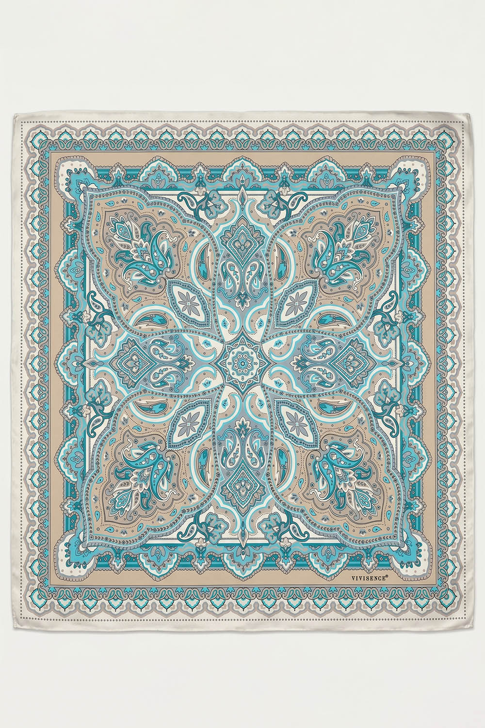 Vivisence Women Silk Scarf Natural Silk Hand Rolled Edges Style for Everyday, turquoise/beige