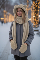 Vivisence Women Winter Hood Scarf With Mittens Soft Polyester Cozy Warmth, beige