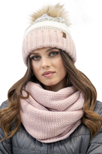 Vivisence Bonnet Et Cache-Cou Pour Femme L'Automne et L'Hiver Ensemble À La Mode Pour Avec Doublure Polaire Antistatique Pliable En Fil Chaud Tissage Coloré Pompon Écologique 7099Kmpl, rose