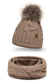 Vivisence Damen Bommelmütze Und Loop-Schal Mit Bommel Ideal Für Wintertage 7014, beige