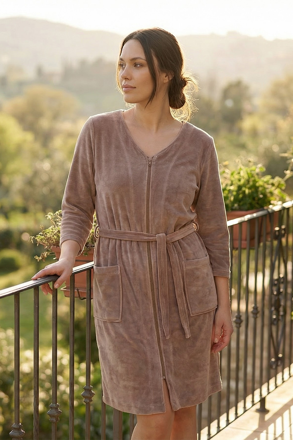 Vivisence Dressing Gown Cotton Zipper and Belt Pockets Home Comfort 5011, beige