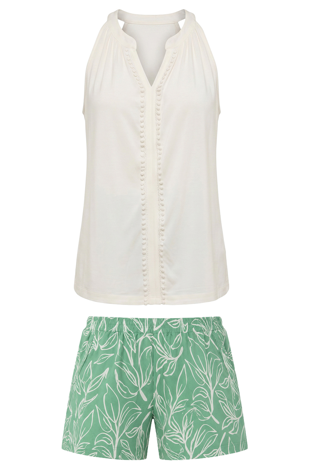 Vivisence Femme Ensemble Pyjama Top Bretelles Et Short Poches Confort Respirant, blanc-menthe
