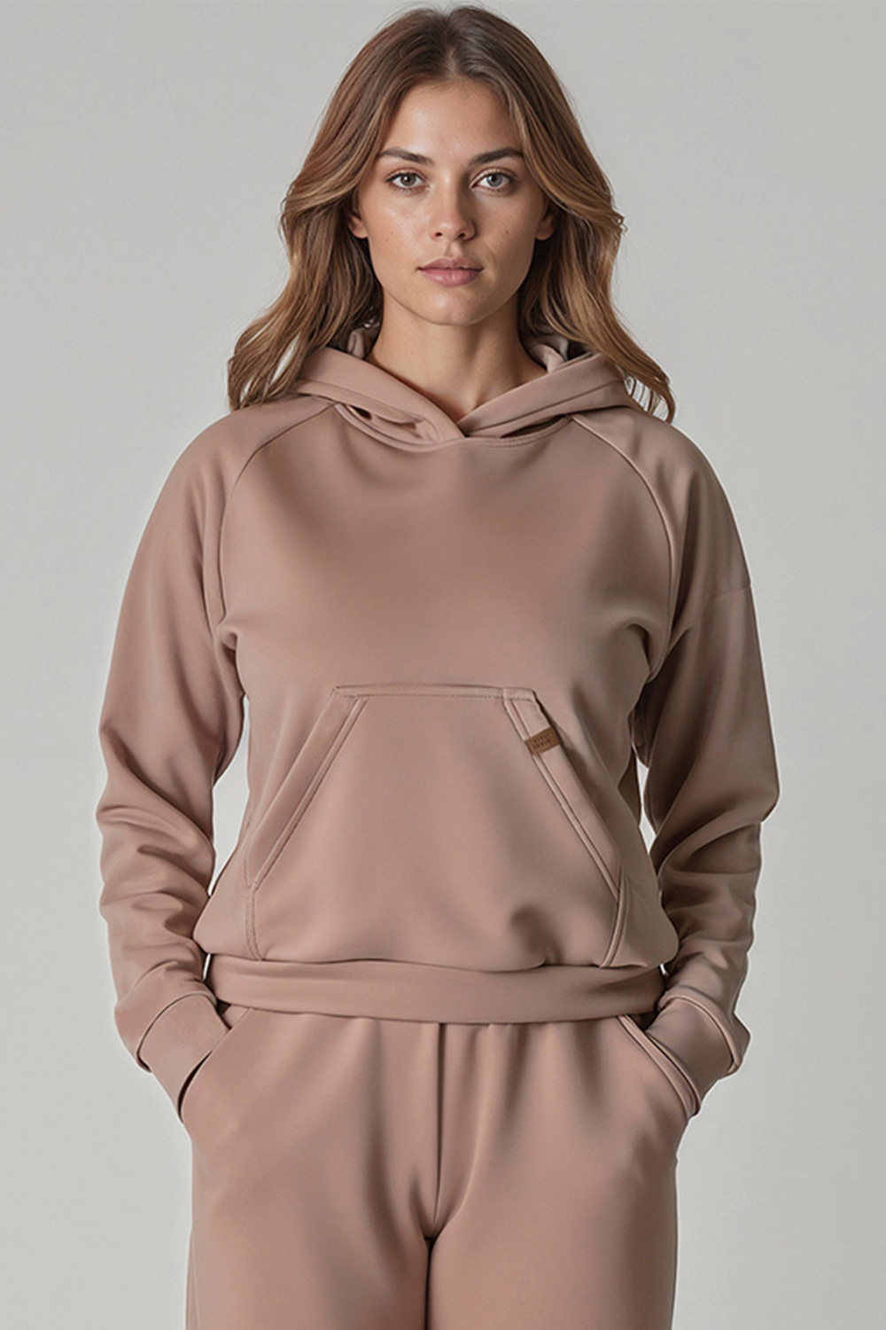Vivisence Women Hoodie Sweatshirt Cotton Hood Pocket Casual Sportswear, beige