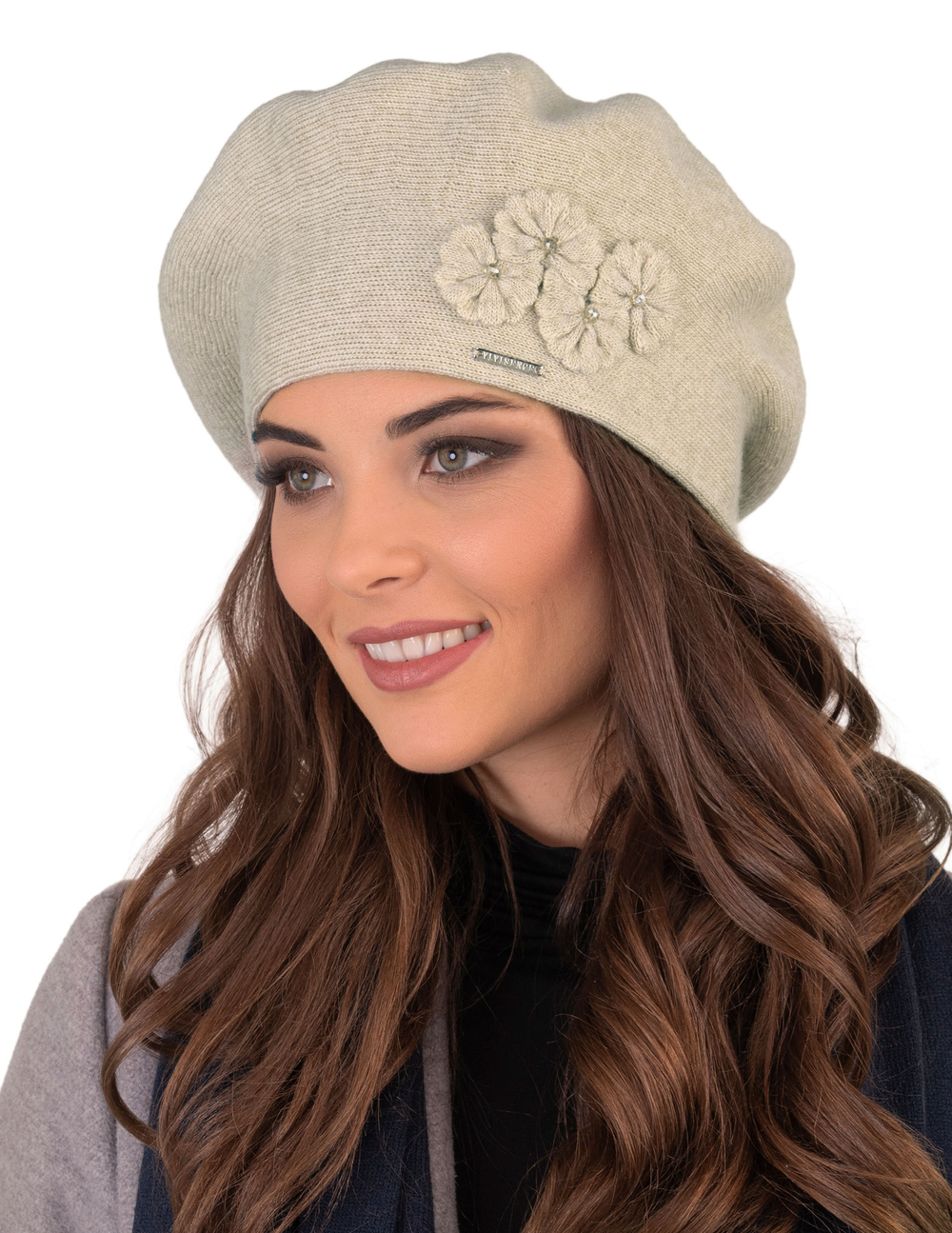 Vivisence Baskenmütze Damen Elegant Blume Warm Herbst Winter Accessoire 7006, beige