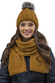 Vivisence Pom Pom Hat For Women Fleece Lined Knitted Winter Style 7015, dark yellow