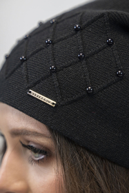 Vivisence Winter Set For Women With Warm Hat And Scarf Made Of Wool-Blend Yarn Fashionable Classic Design With Elegant Pearl And Braid Details Perfectly Fit For Cold Days, Black