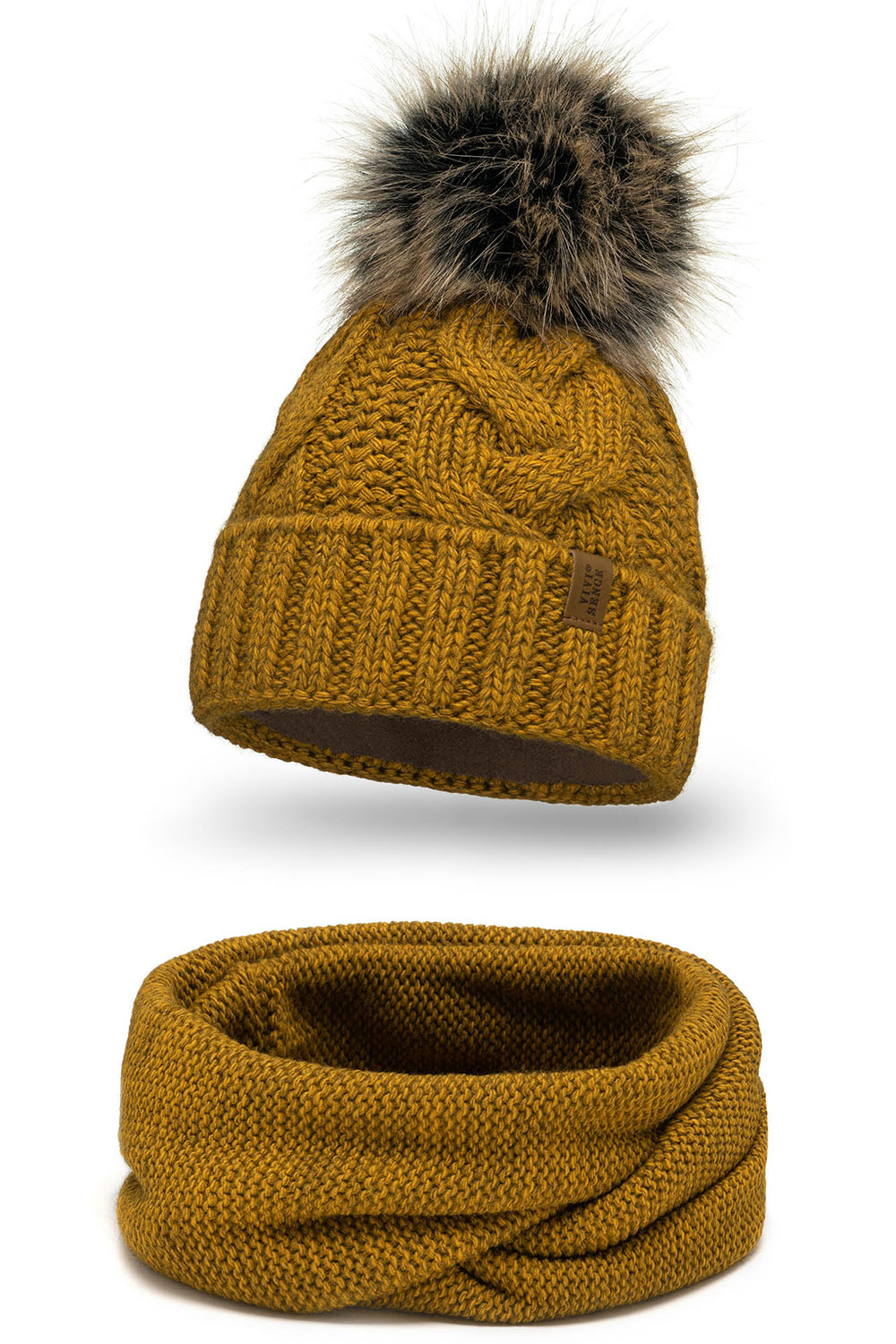 Vivisence Damen Bommelmütze Und Loop-Schal Mit Bommel Ideal Für Wintertage 7014, dunkelgelb