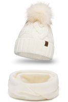 Vivisence Damen Bommelmütze Und Loop-Schal Mit Bommel Ideal Für Wintertage 7014, ecru