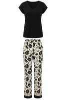 Vivisence Women Pyjama Set Cotton V Neck Top Floral Design Comfort for Every Night, black and white