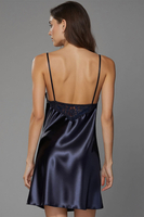 Vivisence Damen Nachthemd Satin Spitze Zierträger Verstellbar Elegant 2038, dunkelblau