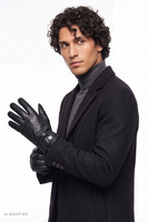 Vivisence men's leather gloves with snap-fastening strap, black