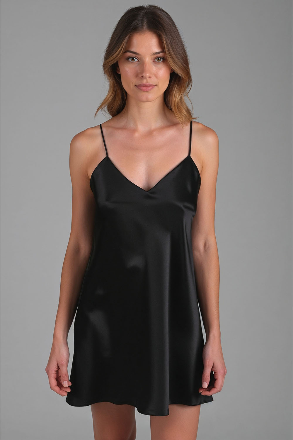 Vivisence Nightdress Satin Adjustable Straps Soft and Pleasant Fabric 2039, black