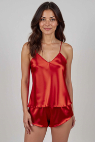 Vivisence Satin Women’s Pajama Set Top and Shorts Nightwear with Adjustable Straps, V-Neck, Relaxed Fit for Sleep and Lounge, Red