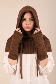Vivisence Women Winter Hood And Gloves Set Merino Wool Knit Warm And Cozy, Brown