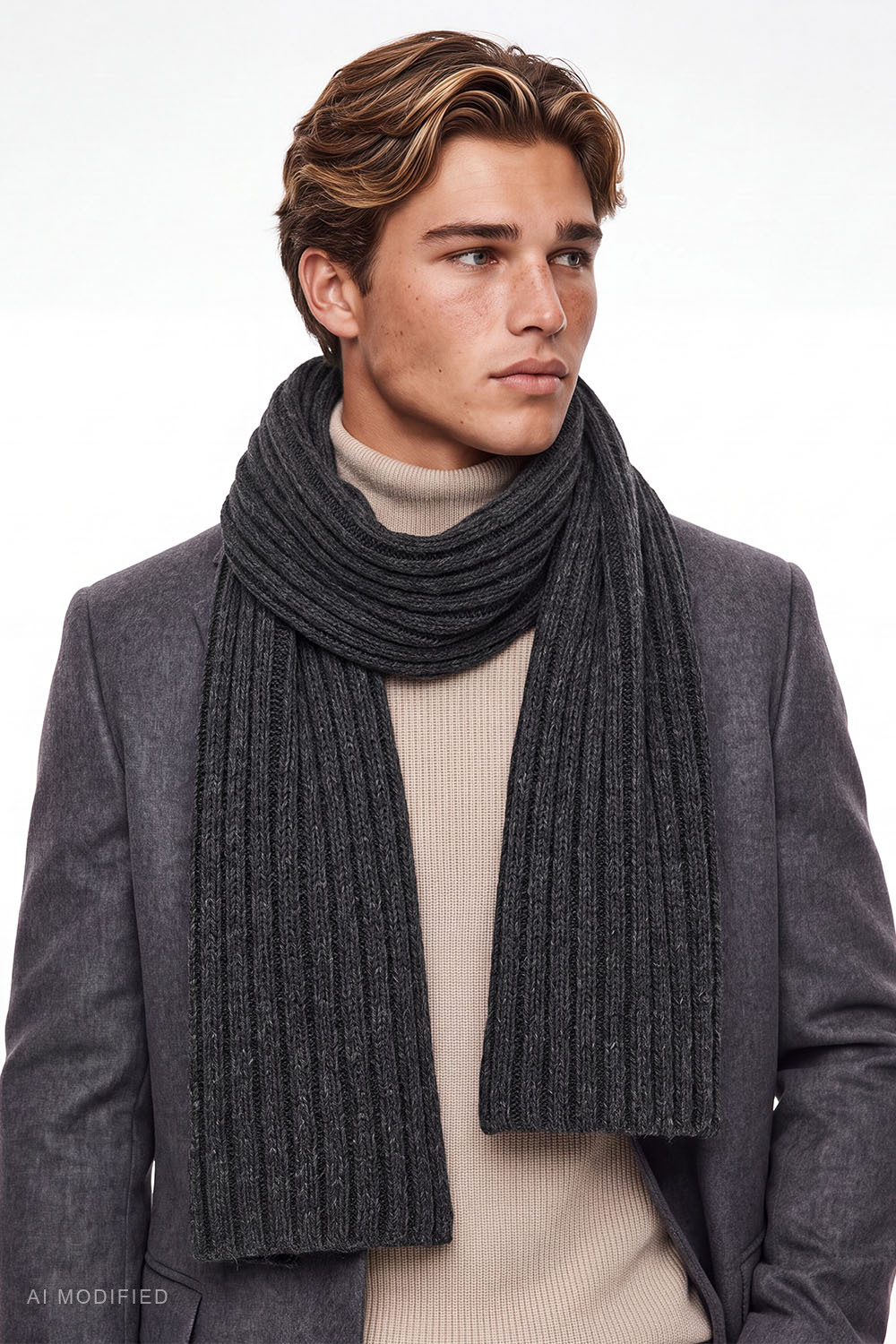 Vivisence Men's Set Wool Blend Hat & Scarf Ribbed Knit Winter Accessories, graphite