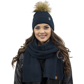 Vivisence Elegantes Damen Winter Set Aus Mütze Und Schal Mit Bommel Aus Warmem Garn Für Frauen Antistatische Perfekte Passform Für Elegante Und Sportliche Outfits, dunkelblau
