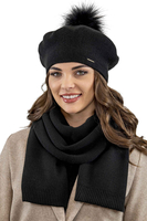 Vivisence Damen Baskenmütze Schal Set Bommel Wolle Warm Elegant Winter 7035Kmpl, schwarz