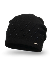 Vivisence Knitted Hat For Women Warm Winter With Pearls Wool Fleece Pleats 7002, black