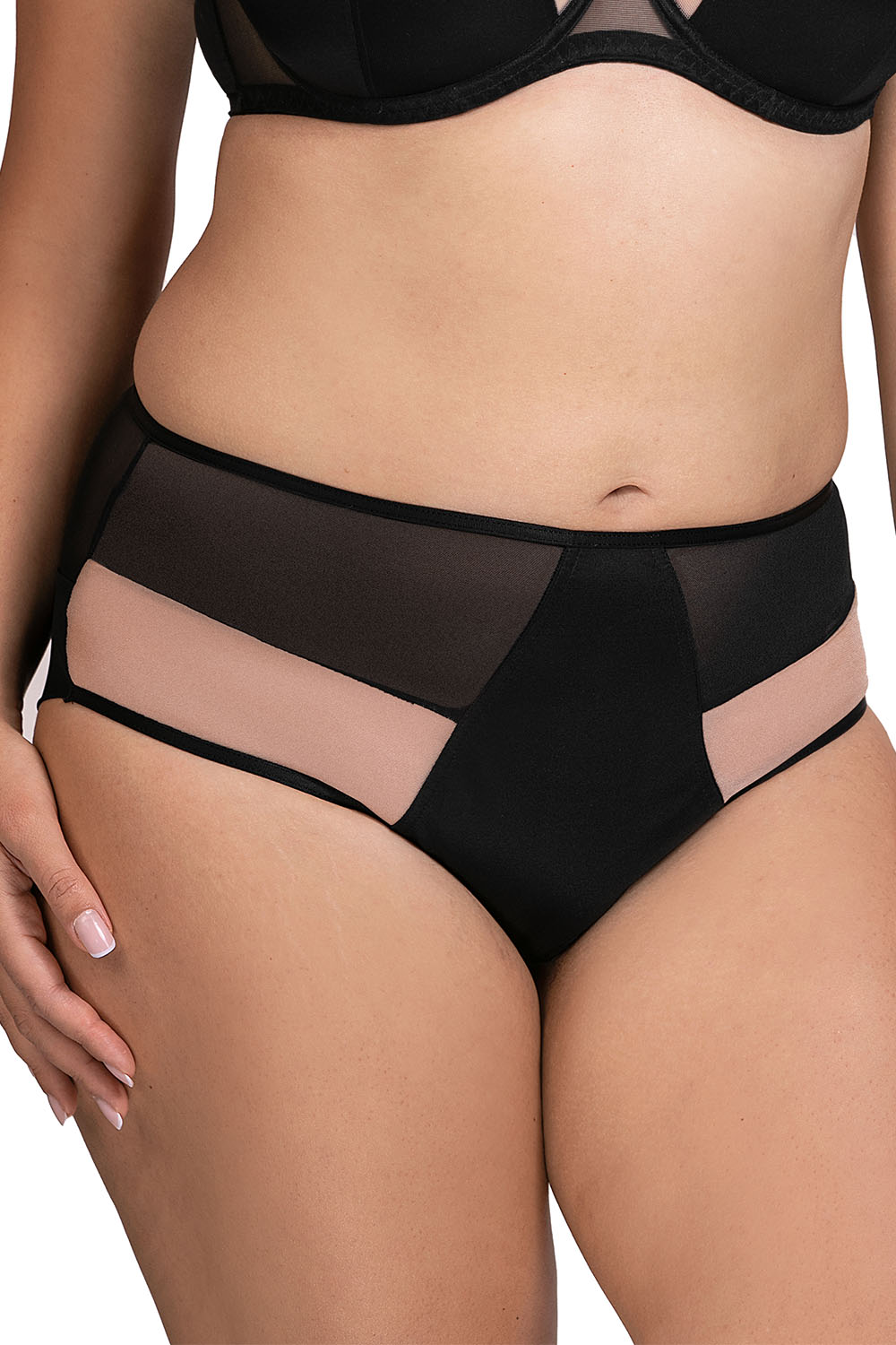 Vivisence Women's Briefs Classic Cut Beige Mesh Inserts Double-Folded Mesh Back Cotton Gusset Elegant and Comfortable Perfect For Everyday Wear, Black