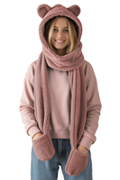 Vivisence Women Winter Hood Scarf With Mittens Soft Polyester Cozy Warmth, light pink