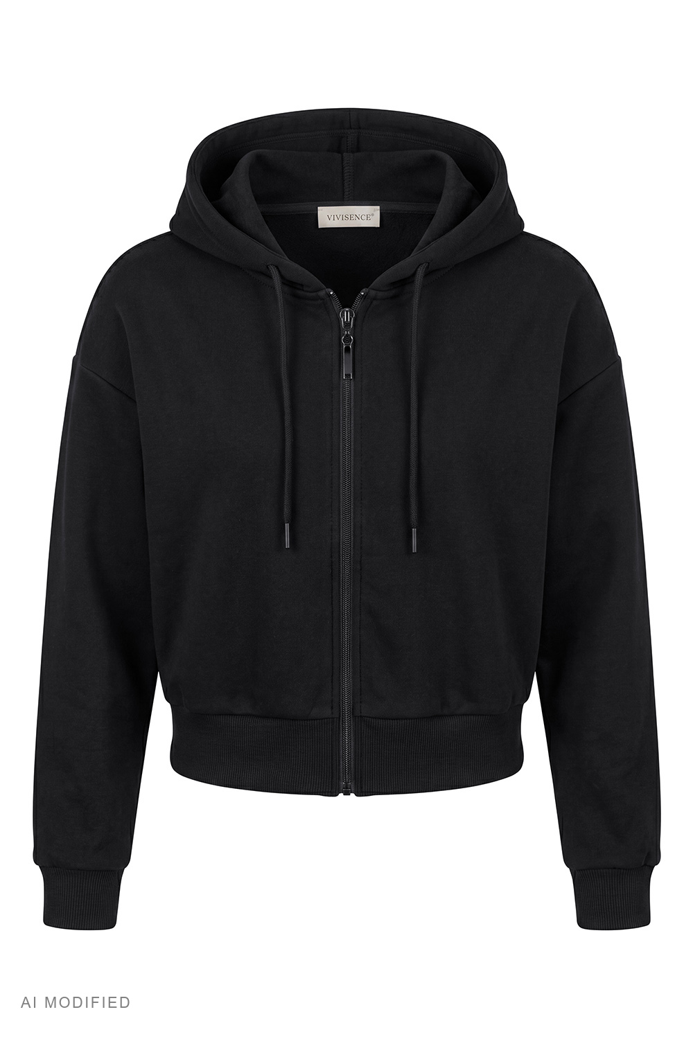 Vivisence Cropped Cotton Hoodie Zip Up Sweatshirt for Women, czarny